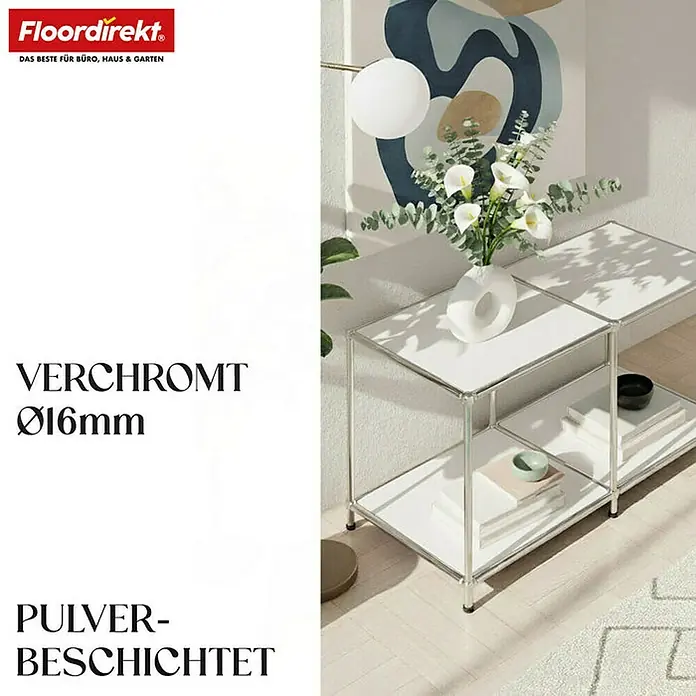 Floordirekt Metallregal Concept Epure MK-016 - 78 x 40 x 46 cm Weiß - H x B x T: 46 x 78 x 40 cm, Anzahl Böden: 2 Stk., Schrauben, Weiß - Ein modernes, weißes Regal mit verchromten Details und pulverbeschichteter Oberfläche für Büro, Haus und Garten.