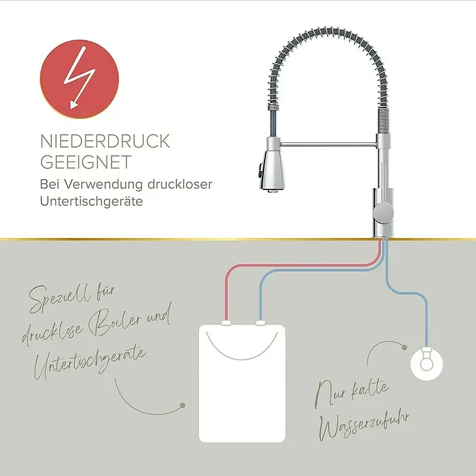 Lenz Spültischarmatur Kalani - Niederdruck, Chrom, Glänzend - Grafische Darstellung einer Niederdruckarmatur mit Boileranschluss, geeignet für drucklose Untertischgeräte zur Warmwasserbereitung.