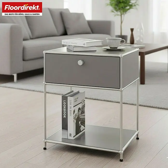Floordirekt Metallregal Concept Epure MK-139 - 50 x 40 x 65 cm Grau - H x B x T: 65 x 50 x 40 cm, Anzahl Böden: 3 Stk., Schrauben, Grau - Moderner Nachttisch in Grau mit Schublade und Ablagefläche für Bücher und Deko im Wohnzimmer.