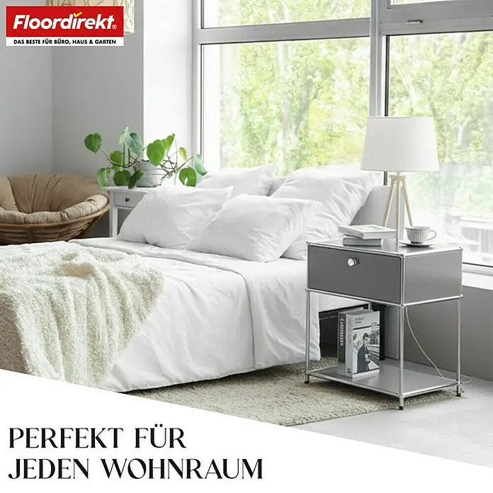 Floordirekt Metallregal Concept Epure MK-139 - 50 x 40 x 65 cm Grau - H x B x T: 65 x 50 x 40 cm, Anzahl Böden: 3 Stk., Schrauben, Grau - Schlafzimmer mit Teppichboden, Bett und Nachttisch. Der Bodenbelag ist perfekt für jeden Wohnraum und sorgt für Gemütlichkeit.