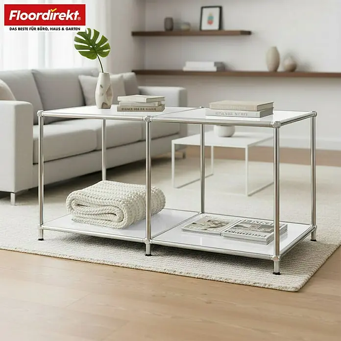 Floordirekt Metallregal Concept Epure MK-016 - 78 x 40 x 46 cm Weiß - H x B x T: 46 x 78 x 40 cm, Anzahl Böden: 2 Stk., Schrauben, Weiß - Nahaufnahme eines modernen, weißen Couchtisches mit Ablagefläche, ideal für Büro, Haus und Garten.