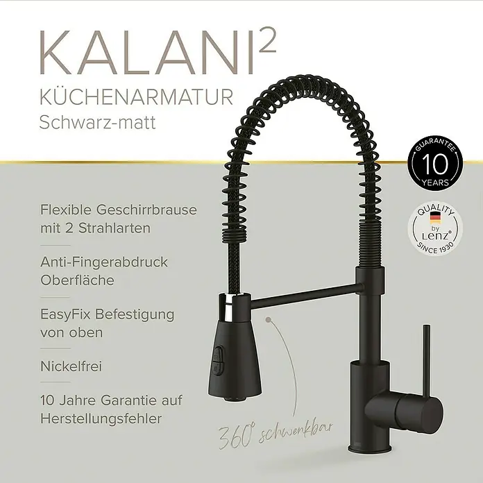 Lenz Spültischarmatur Kalani 2 - Schwarz, Matt, Höhe: 46 cm, Messing - Abbildung einer schwarzen KALANI² Küchenarmatur mit flexiblem Geschirrbrausekopf und 10 Jahren Garantie.