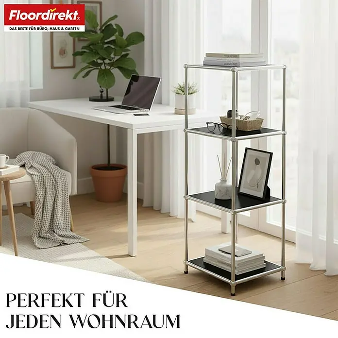 Floordirekt Metallregal Concept Epure MK-005 - 30 x 30 x 89 cm Schwarz - H x B x T: 89 x 30 x 30 cm, Anzahl Böden: 4 Stk., Schrauben, Schwarz - Dieses Bild zeigt ein modernes, silbernes Standregal mit vier schwarzen Ablageflächen, das im Wohnraum vielseitig einsetzbar ist.