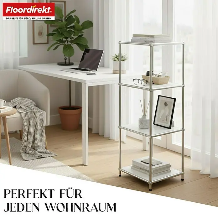 Floordirekt Metallregal Concept Epure MK-005 - 30 x 30 x 89 cm Weiß - H x B x T: 89 x 30 x 30 cm, Anzahl Böden: 4 Stk., Schrauben, Weiß - Das Bild zeigt ein modernes, dreistöckiges Regal mit silberfarbenem Rahmen und weißen Regalböden, das sich perfekt in jeden Wohnraum einfügt.
