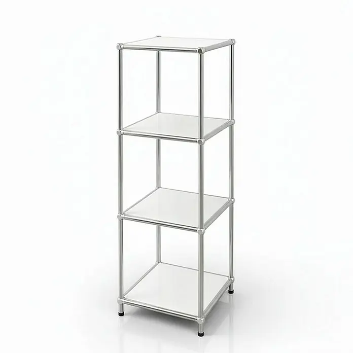 Floordirekt Metallregal Concept Epure MK-005 - 30 x 30 x 89 cm Weiß - H x B x T: 89 x 30 x 30 cm, Anzahl Böden: 4 Stk., Schrauben, Weiß - Abgebildet ist ein dreistöckiges, freistehendes Regal mit einem Rahmen aus silberfarbenem Metall und weißen Einlegeböden.