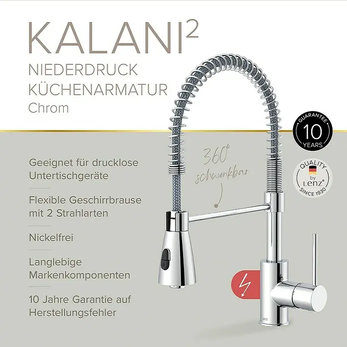 Lenz Spültischarmatur Kalani - Niederdruck, Chrom, Glänzend - Abbildung einer Niederdruck Küchenarmatur Kalani² in Chrom. Mit flexibler Geschirrbrause, geeignet für drucklose Untertischgeräte und langer Garantie.