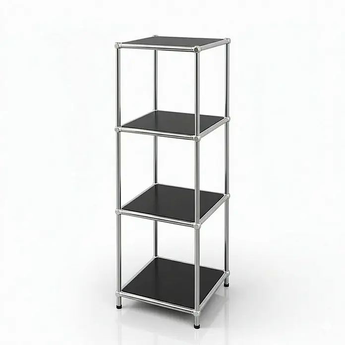 Floordirekt Metallregal Concept Epure MK-005 - 30 x 30 x 89 cm Schwarz - H x B x T: 89 x 30 x 30 cm, Anzahl Böden: 4 Stk., Schrauben, Schwarz - Abbildung eines stilvollen Regals mit drei schwarzen Regalböden und einem modernen, silbernen Metallgestell.