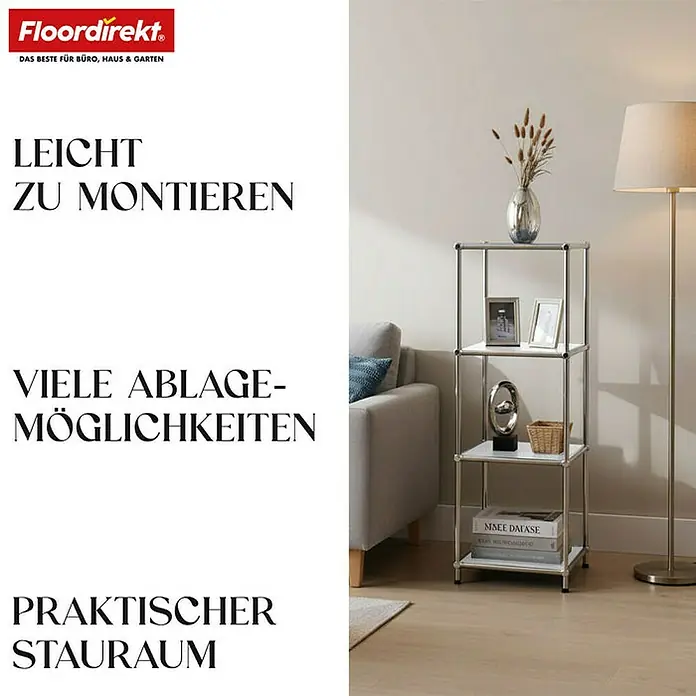Floordirekt Metallregal Concept Epure MK-005 - 30 x 30 x 89 cm Weiß - H x B x T: 89 x 30 x 30 cm, Anzahl Böden: 4 Stk., Schrauben, Weiß - Das Bild zeigt ein silbernes Regal mit drei Ablagen, das mit Deko-Artikeln bestückt ist und zusätzlichen Stauraum bietet.