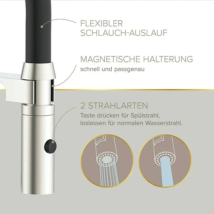 Lenz Spültischarmatur Nalu - Nickel/Schwarz, Matt - Produktbild einer Küchenarmatur mit flexiblem Schlauch, magnetischer Halterung und zwei Strahlarten für Spül- und Normalbetrieb.