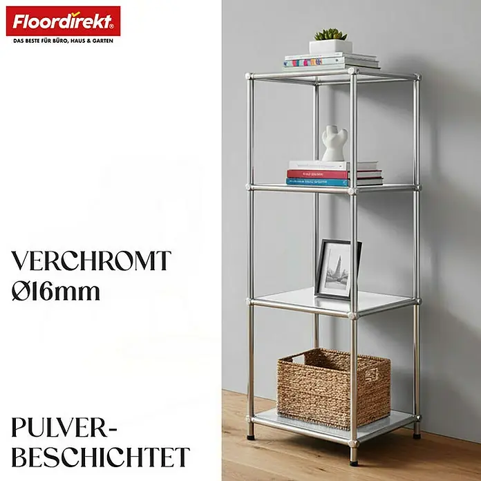 Floordirekt Metallregal Concept Epure MK-005 - 30 x 30 x 89 cm Weiß - H x B x T: 89 x 30 x 30 cm, Anzahl Böden: 4 Stk., Schrauben, Weiß - Chromfarbenes Regalsystem mit vier Ebenen und diversen Dekorationsgegenständen.