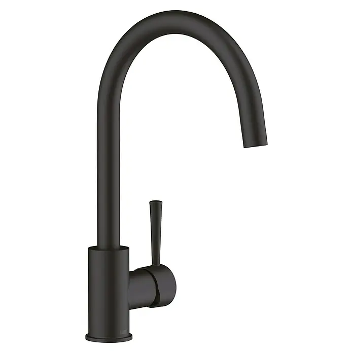 Lenz Spültischarmatur Mana - Schwarz, Matt - Eine Nahaufnahme einer modernen, mattschwarzen Küchenarmatur mit schlankem Auslauf und Hebel. Elegantes Design für jede Küche.