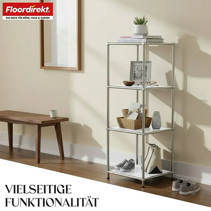 Floordirekt Metallregal Concept Epure MK-005 - 30 x 30 x 89 cm Weiß - H x B x T: 89 x 30 x 30 cm, Anzahl Böden: 4 Stk., Schrauben, Weiß - Elegantes, quadratisches Standregal in Silberoptik mit vier Ablageflächen zur vielseitigen Nutzung in verschiedenen Räumen.