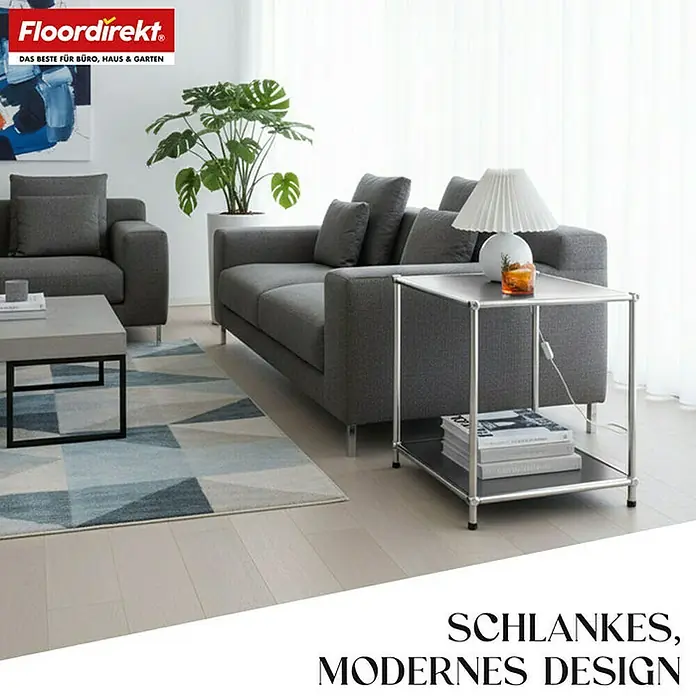 Floordirekt Metallregal Concept Epure MK-012 - 40 x 40 x 46 cm Grau - H x B x T: 46 x 40 x 40 cm, Anzahl Böden: 2 Stk., Schrauben, Grau - Moderne Wohnzimmereinrichtung mit grauem Sofa, Sessel, Couchtisch und Beistelltisch mit Lampe und Bücherstapel.