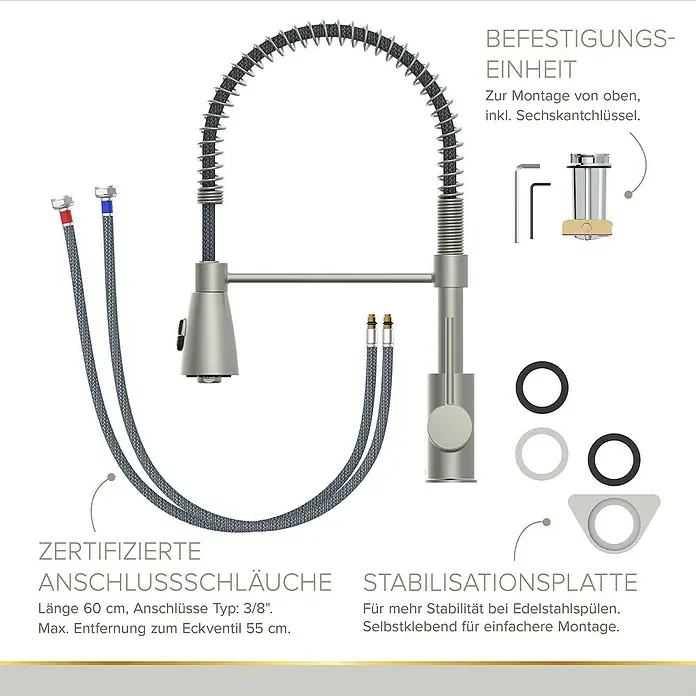 Lenz Spültischarmatur Kalani 2 - Edelstahl, Matt, Höhe: 46 cm, Messing - Produktabbildung einer Küchenarmatur mit Zubehör, inklusive Befestigungsmaterial und flexiblen Anschlussschläuchen für einfache Installation.