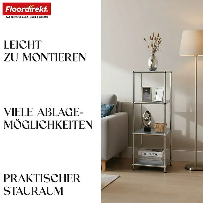 Floordirekt Metallregal Concept Epure MK-005 - 30 x 30 x 89 cm Grau - H x B x T: 89 x 30 x 30 cm, Anzahl Böden: 4 Stk., Schrauben, Grau - Ein elegantes Regal mit drei Ablagen, perfekt für stilvolle Aufbewahrung im Wohnbereich.