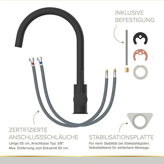 Lenz Spültischarmatur Mana - Schwarz, Matt - Abbildung eines schwarzen Küchenarmatur-Sets mit Montagezubehör und flexiblen Anschlussschläuchen.