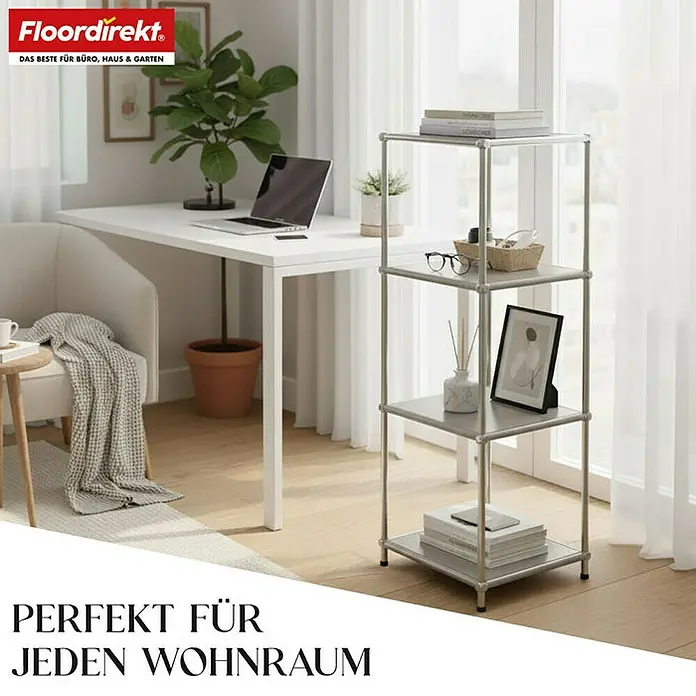 Floordirekt Metallregal Concept Epure MK-005 - 30 x 30 x 89 cm Grau - H x B x T: 89 x 30 x 30 cm, Anzahl Böden: 4 Stk., Schrauben, Grau - Das Bild zeigt ein modernes Regal mit vier Ablagen, ideal für Wohnräume. Es bietet stilvollen Stauraum für Bücher, Deko und mehr.