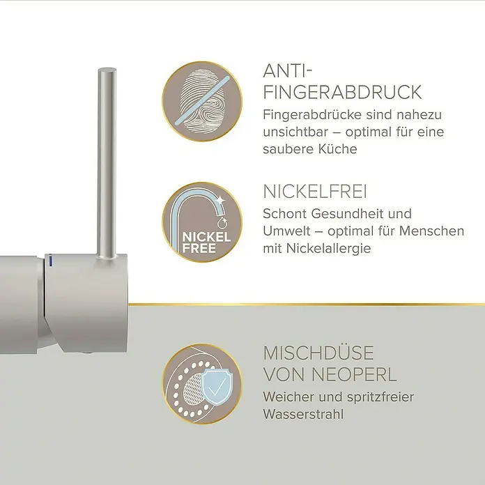 Lenz Spültischarmatur Kalani 2 - Edelstahl, Matt, Höhe: 46 cm, Messing - Detailaufnahme einer Küchenarmatur mit Hinweisen zu Anti-Fingerabdruck, Nickelfreiheit und Mischdüse für sauberes und sicheres Wasser.