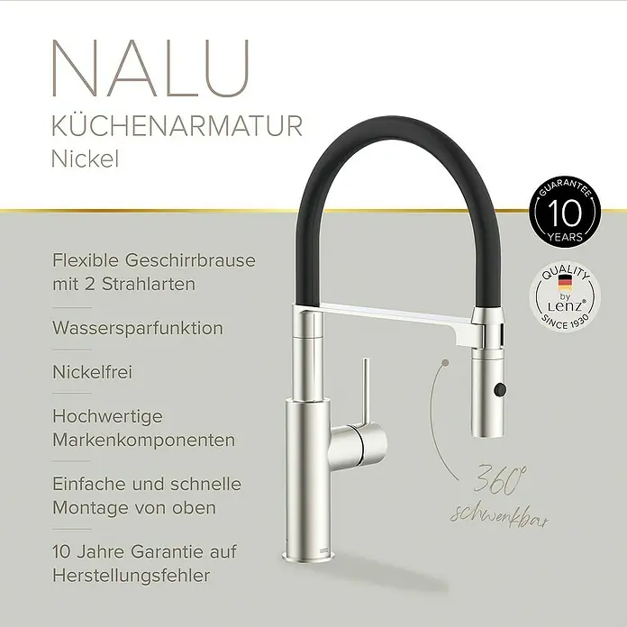 Lenz Spültischarmatur Nalu - Nickel/Schwarz, Matt - Abbildung einer Nalu Küchenarmatur in Nickel mit flexibler Geschirrbrause und Wassersparfunktion.