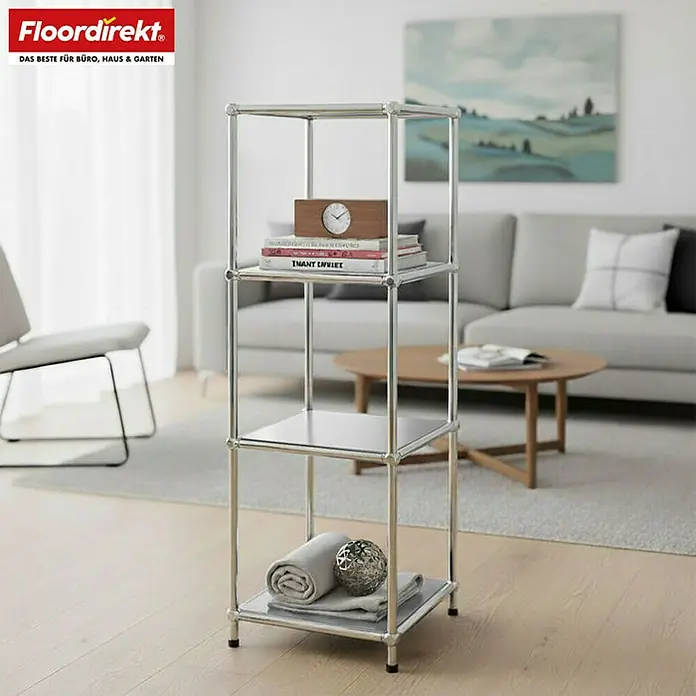 Floordirekt Metallregal Concept Epure MK-005 - 30 x 30 x 89 cm Grau - H x B x T: 89 x 30 x 30 cm, Anzahl Böden: 4 Stk., Schrauben, Grau - Das Bild zeigt ein modernes, silberfarbenes Regal mit drei Ebenen, das mit Büchern, Handtüchern und Dekoartikeln bestückt ist. Perfekt für Büro, Haus & Garten!