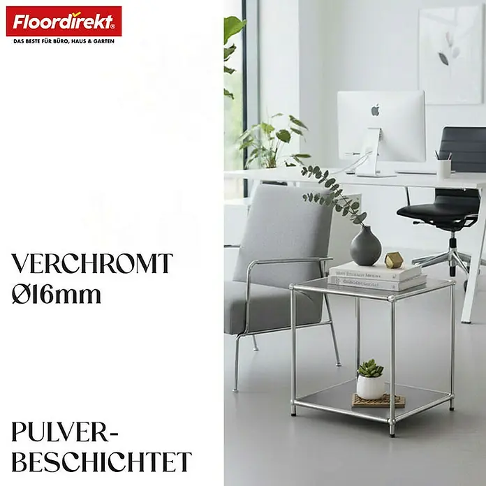 Floordirekt Metallregal Concept Epure MK-012 - 40 x 40 x 46 cm Grau - H x B x T: 46 x 40 x 40 cm, Anzahl Böden: 2 Stk., Schrauben, Grau - Bild eines modernen Beistelltisches mit Chromgestell und Ablagefläche, ideal für Büro oder Wohnzimmer.