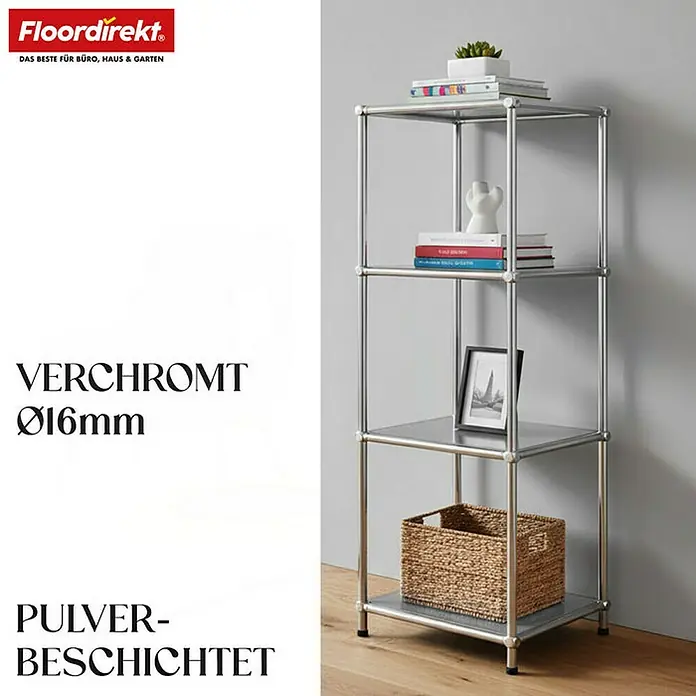 Floordirekt Metallregal Concept Epure MK-005 - 30 x 30 x 89 cm Grau - H x B x T: 89 x 30 x 30 cm, Anzahl Böden: 4 Stk., Schrauben, Grau - Vielseitiges Regal mit vier Ablagen in Chrom-Optik, ideal für Büro, Wohnzimmer oder Garten. Stilvolle Aufbewahrung für Bücher, Pflanzen und Dekoration.