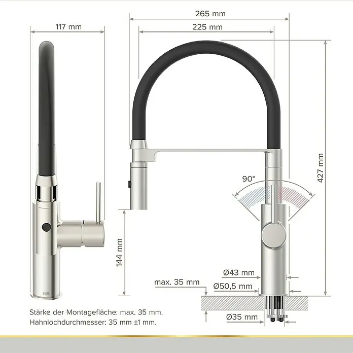 Lenz Spültischarmatur Nalu - Nickel/Schwarz, Matt - Abbildung einer Küchenarmatur mit Maßangaben für Montage und Dimensionen.