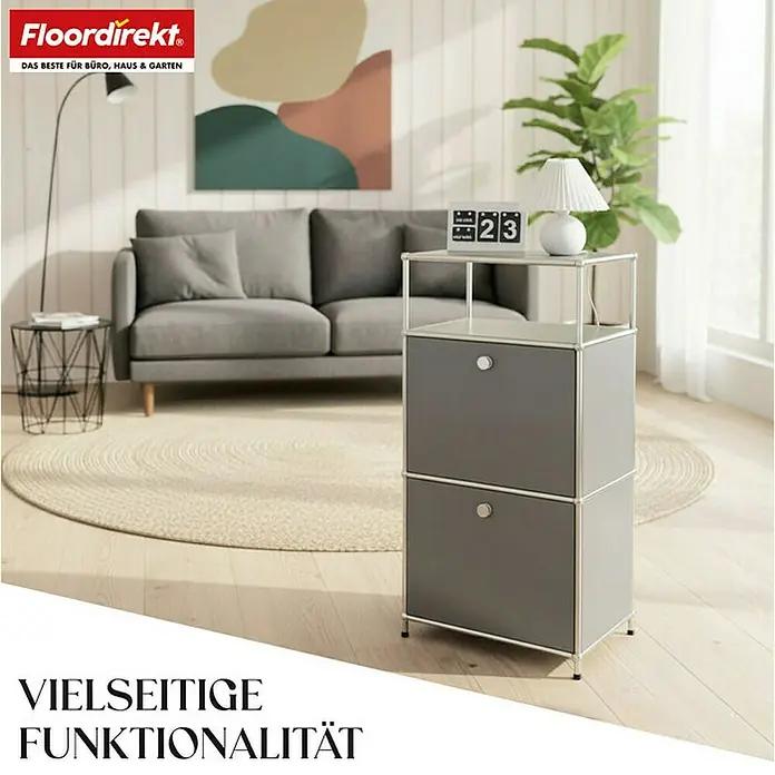 Floordirekt Metallregal Concept Epure MK-120 - 50 x 40 x 100 cm Grau - Anzahl Böden: 4 Stk., Schrauben, Grau - Produktbild eines grauen USM Haller Nachttisches mit zwei Schubladen, passend für Büro und Zuhause, im modernen Wohnzimmer.
