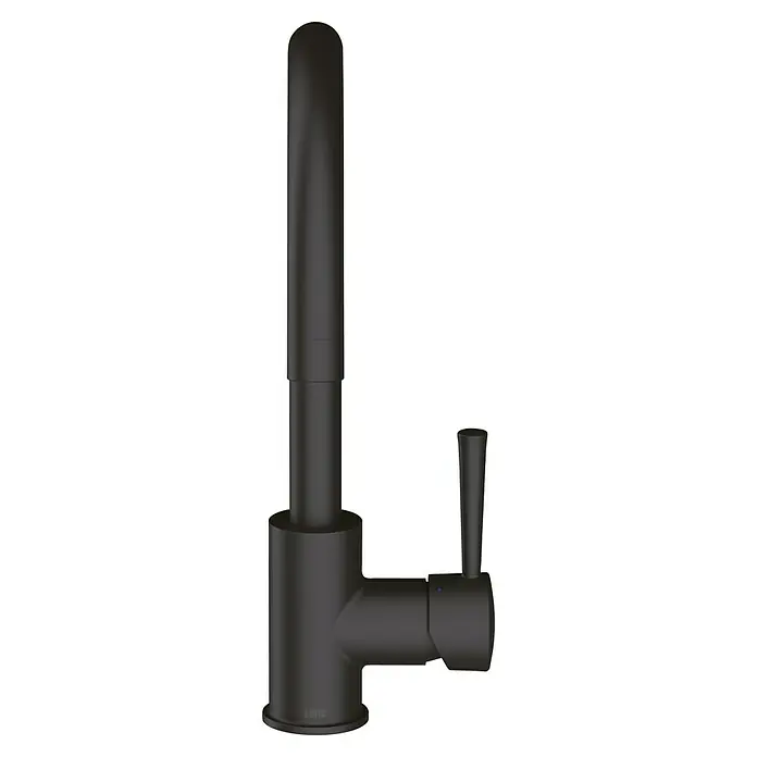 Lenz Spültischarmatur Mana - Schwarz, Matt - Eine Nahaufnahme eines stilvollen, mattschwarzen Wasserhahns. Das moderne Design umfasst einen hohen Auslauf und einen seitlichen Hebel.
