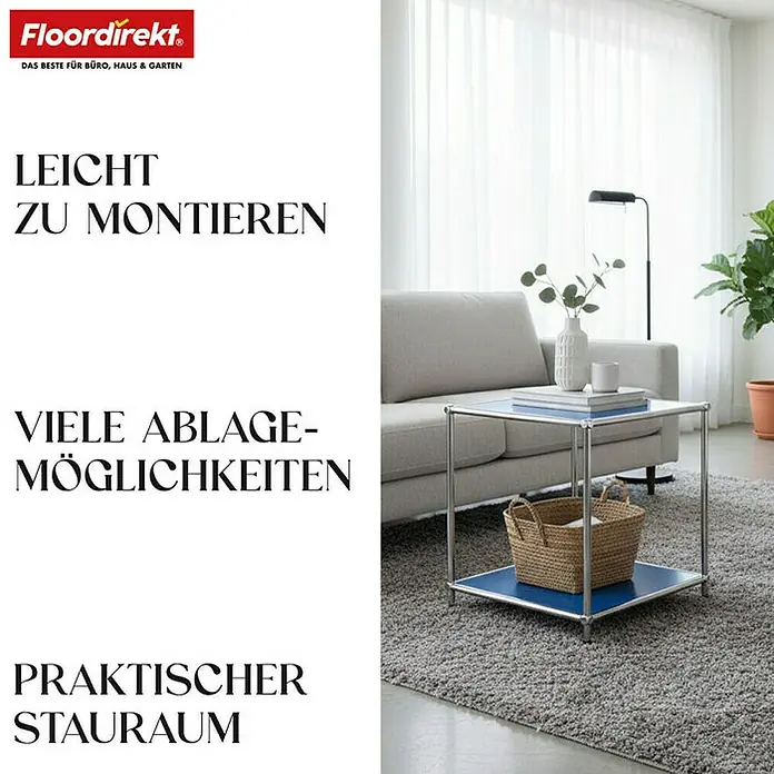 Floordirekt Metallregal Concept Epure MK-012 - 40 x 40 x 46 cm Blau - H x B x T: 46 x 40 x 40 cm, Anzahl Böden: 2 Stk., Schrauben, Blau - Nahaufnahme eines quadratischen Beistelltisches mit Ablagefläche, ideal für Wohnräume.