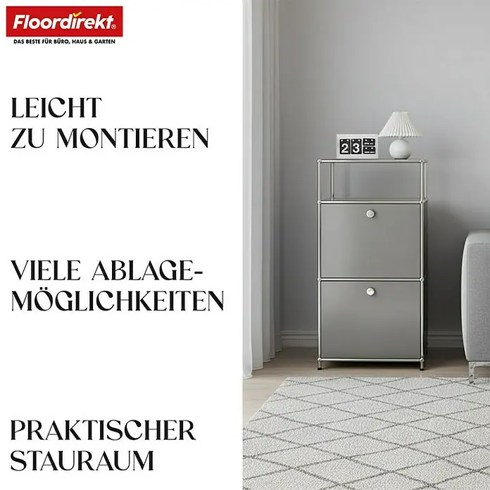 Floordirekt Metallregal Concept Epure MK-120 - 50 x 40 x 100 cm Grau - Anzahl Böden: 4 Stk., Schrauben, Grau - Ein modernes, graues Sideboard mit zwei Schubladen und einer offenen Ablagefläche.