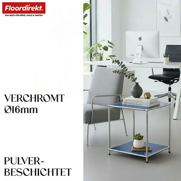 Floordirekt Metallregal Concept Epure MK-012 - 40 x 40 x 46 cm Blau - H x B x T: 46 x 40 x 40 cm, Anzahl Böden: 2 Stk., Schrauben, Blau - Ein moderner Beistelltisch mit blauem Regalbrett und verchromtem Rahmen. Perfekt für Büro oder Wohnzimmer mit stilvollem Design.