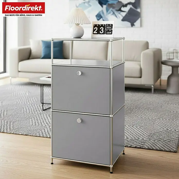Floordirekt Metallregal Concept Epure MK-120 - 50 x 40 x 100 cm Grau - Anzahl Böden: 4 Stk., Schrauben, Grau - Grauer USM Haller Schrank mit zwei Schubladen und Glasplatte, ideal für Büro oder Zuhause. Das moderne Möbelstück bietet stilvollen Stauraum.