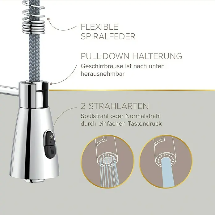 Lenz Spültischarmatur Kalani 2 - Chrom, Glänzend, Höhe: 46 cm, Messing - Detailansicht einer Spültischarmatur mit flexiblem Spiralfeder-Design, ausziehbarer Halterung und zwei Strahlarten für Spül- oder Normalstrahl.