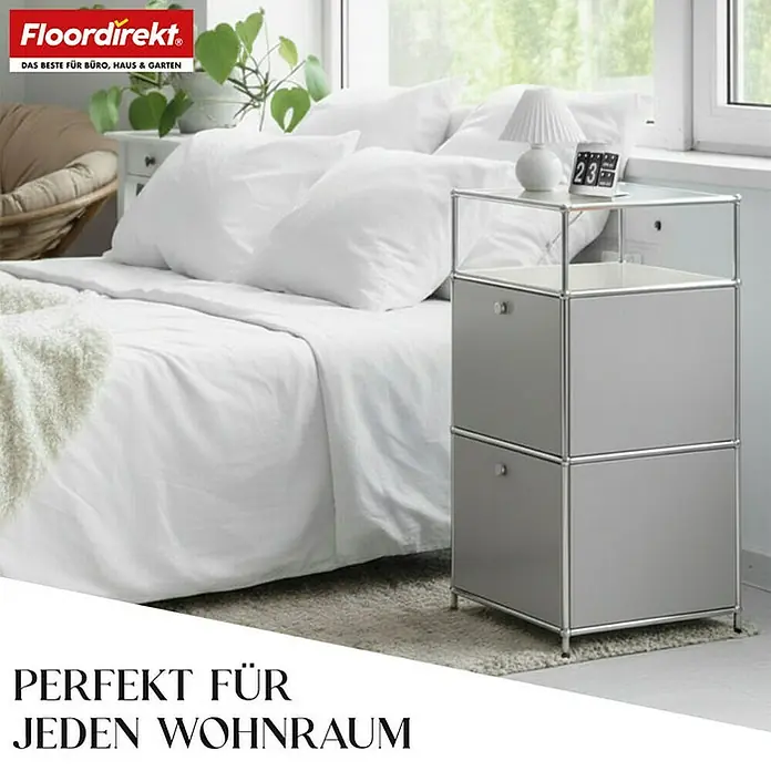 Floordirekt Metallregal Concept Epure MK-120 - 50 x 40 x 100 cm Grau - Anzahl Böden: 4 Stk., Schrauben, Grau - Nachttisch mit zwei grauen Schubladen. Perfekt für jeden Wohnraum und bietet stilvollen Stauraum neben dem Bett.