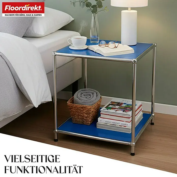 Floordirekt Metallregal Concept Epure MK-012 - 40 x 40 x 46 cm Blau - H x B x T: 46 x 40 x 40 cm, Anzahl Böden: 2 Stk., Schrauben, Blau - Das Bild zeigt einen blauen Nachttisch mit zwei Ablagen, der sich perfekt für Schlafzimmer oder Wohnzimmer eignet.