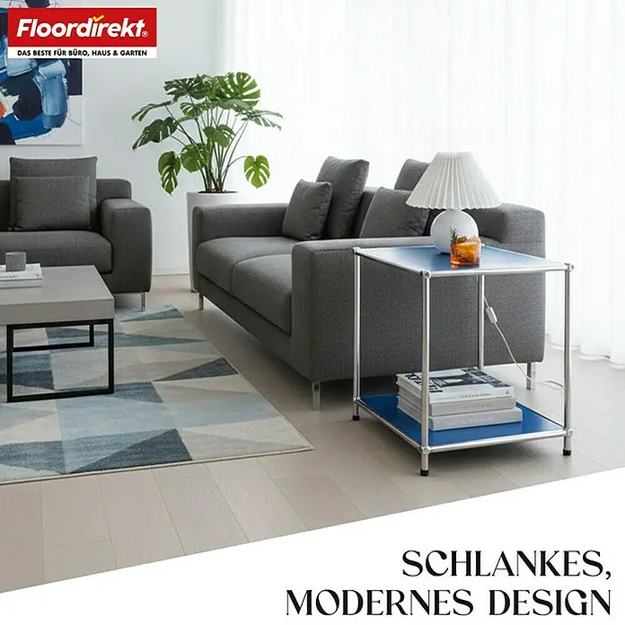 Floordirekt Metallregal Concept Epure MK-012 - 40 x 40 x 46 cm Blau - H x B x T: 46 x 40 x 40 cm, Anzahl Böden: 2 Stk., Schrauben, Blau - Elegantes Wohnzimmer mit grauer Couchgarnitur und blauem Beistelltisch. Das moderne Design ist ein echter Hingucker im Raum.