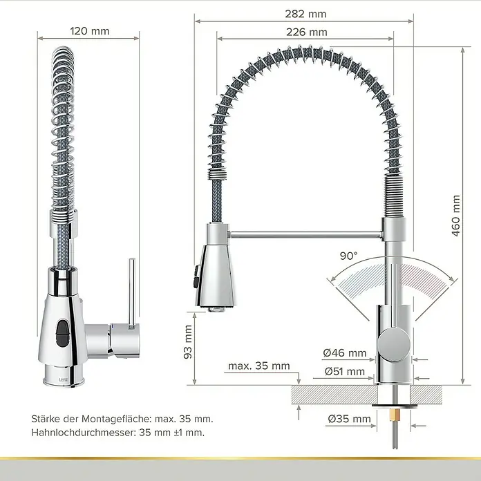 Lenz Spültischarmatur Kalani - Niederdruck, Chrom, Glänzend - Abmessungen eines Küchenarmatur mit flexiblem Auslauf, einschließlich Höhe, Ausladung und Durchmesser für Montage.