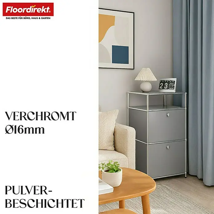 Floordirekt Metallregal Concept Epure MK-120 - 50 x 40 x 100 cm Grau - Anzahl Böden: 4 Stk., Schrauben, Grau - Abgebildet ist ein graues, zweistöckiges USM Haller Sideboard mit verchromten Elementen und Pulverbeschichtung, ideal für Büro und Wohnbereich.