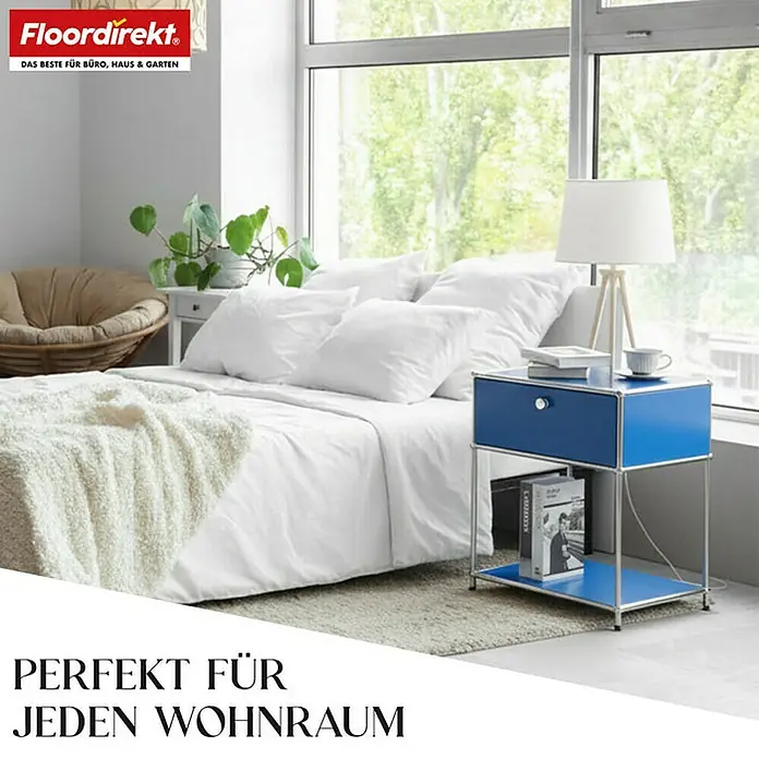 Floordirekt Metallregal Concept Epure MK-139 - 50 x 40 x 65 cm Blau - Anzahl Böden: 3 Stk., Schrauben, Blau - Stilvoller blauer Nachttisch mit Schublade und Ablagefläche für ein modernes Schlafzimmer.