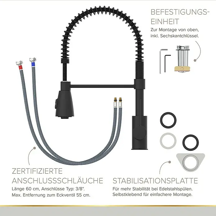 Lenz Spültischarmatur Kalani 2 - Schwarz, Matt, Höhe: 46 cm, Messing - Bild einer schwarzen Küchenarmatur mit Zubehör, einschließlich Schläuchen, Dichtungen und Montagewerkzeug.