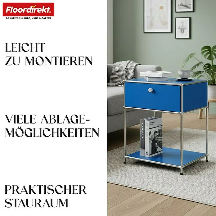 Floordirekt Metallregal Concept Epure MK-139 - 50 x 40 x 65 cm Blau - Anzahl Böden: 3 Stk., Schrauben, Blau - Das Bild zeigt einen blauen Nachttisch mit Schublade und zusätzlichem Stauraum.