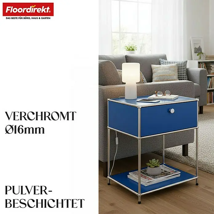 Floordirekt Metallregal Concept Epure MK-139 - 50 x 40 x 65 cm Blau - Anzahl Böden: 3 Stk., Schrauben, Blau - Bild eines blauen USM Haller Nachttisches mit Lampe und Ablagefläche, ideal für Schlafzimmer oder Wohnzimmer.