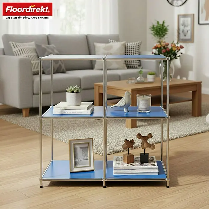 Floordirekt Metallregal Concept Epure MK-027 - 78 x 40 x 82 cm Blau - H x B x T: 82 x 78 x 40 cm, Anzahl Böden: 3 Stk., Schrauben, Blau - Das quadratische, blaue Regalsystem bietet stilvollen Stauraum für Bücher, Deko und Pflanzen im Wohnbereich.