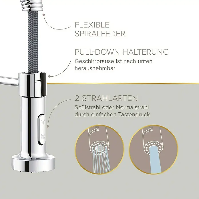 Lenz Spültischarmatur Nova - Chrom, Glänzend - Detailaufnahme einer Küchenarmatur mit flexiblem Spiralfederhals, Pull-Down-Halterung und zwei Strahlarten.