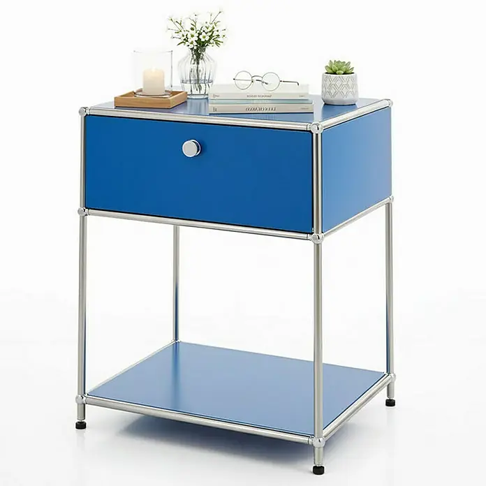 Floordirekt Metallregal Concept Epure MK-139 - 50 x 40 x 65 cm Blau - Anzahl Böden: 3 Stk., Schrauben, Blau - Elegantes, blaues USM Haller Nachtkästchen mit Schublade und Ablagefläche, ideal für moderne Schlafzimmer. Zeitloses Design und hochwertige Verarbeitung.