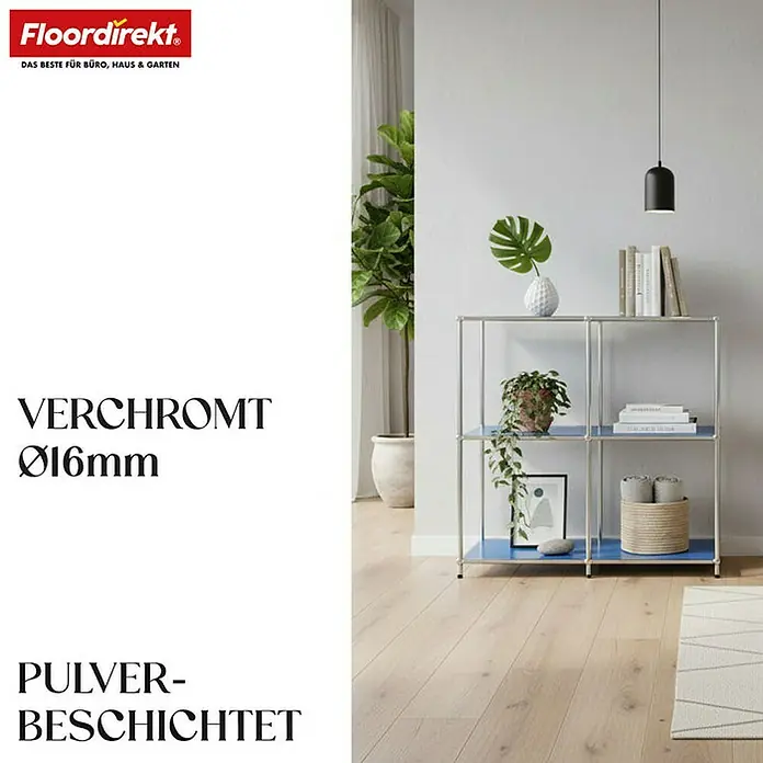 Floordirekt Metallregal Concept Epure MK-027 - 78 x 40 x 82 cm Blau - H x B x T: 82 x 78 x 40 cm, Anzahl Böden: 3 Stk., Schrauben, Blau - Das Bild zeigt ein modernes Regal mit verchromten Rahmen und blau lackierten Böden. Perfekt für Büro, Haus oder Garten.