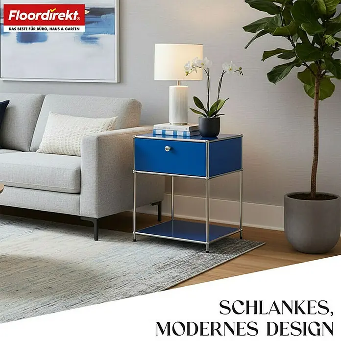 Floordirekt Metallregal Concept Epure MK-139 - 50 x 40 x 65 cm Blau - Anzahl Böden: 3 Stk., Schrauben, Blau - Elegantes, modernes Design mit blauem Beistelltisch, Lampe und Zimmerpflanze. Das Möbelstück ist ein echter Blickfang im Raum.