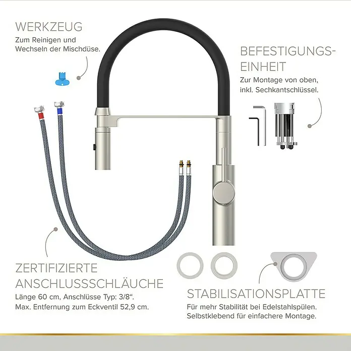 Lenz Spültischarmatur Nalu - Nickel/Schwarz, Matt - Küchenarmatur mit Zubehörteilen wie Werkzeug, Befestigungseinheit, Anschlussschläuchen und Stabilisierungsplatte dargestellt.