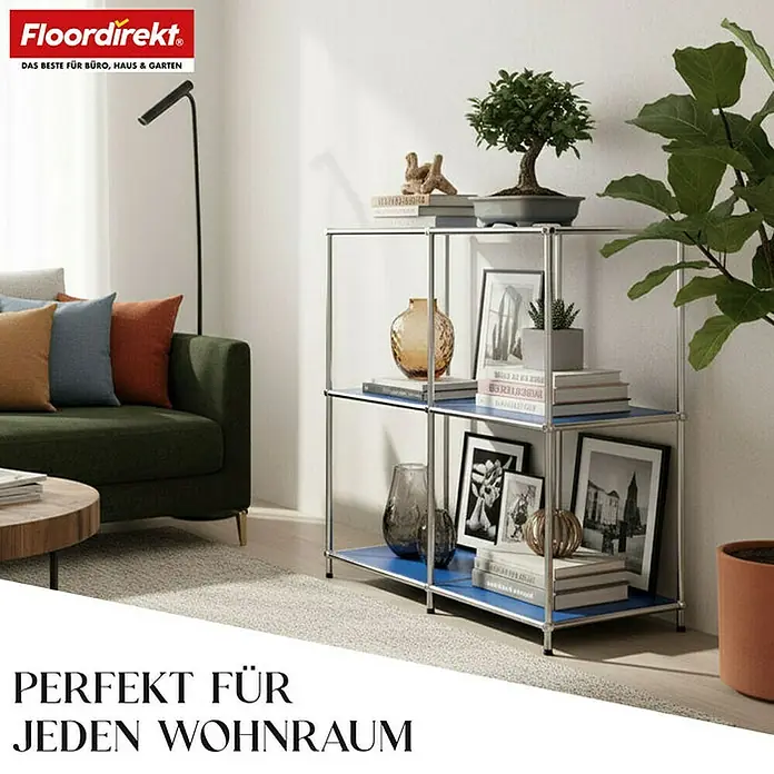 Floordirekt Metallregal Concept Epure MK-027 - 78 x 40 x 82 cm Blau - H x B x T: 82 x 78 x 40 cm, Anzahl Böden: 3 Stk., Schrauben, Blau - Elegantes zweiteiliges Regal mit blauem Akzent, perfekt für Wohnzimmer. Das Regal bietet stilvollen Stauraum.
